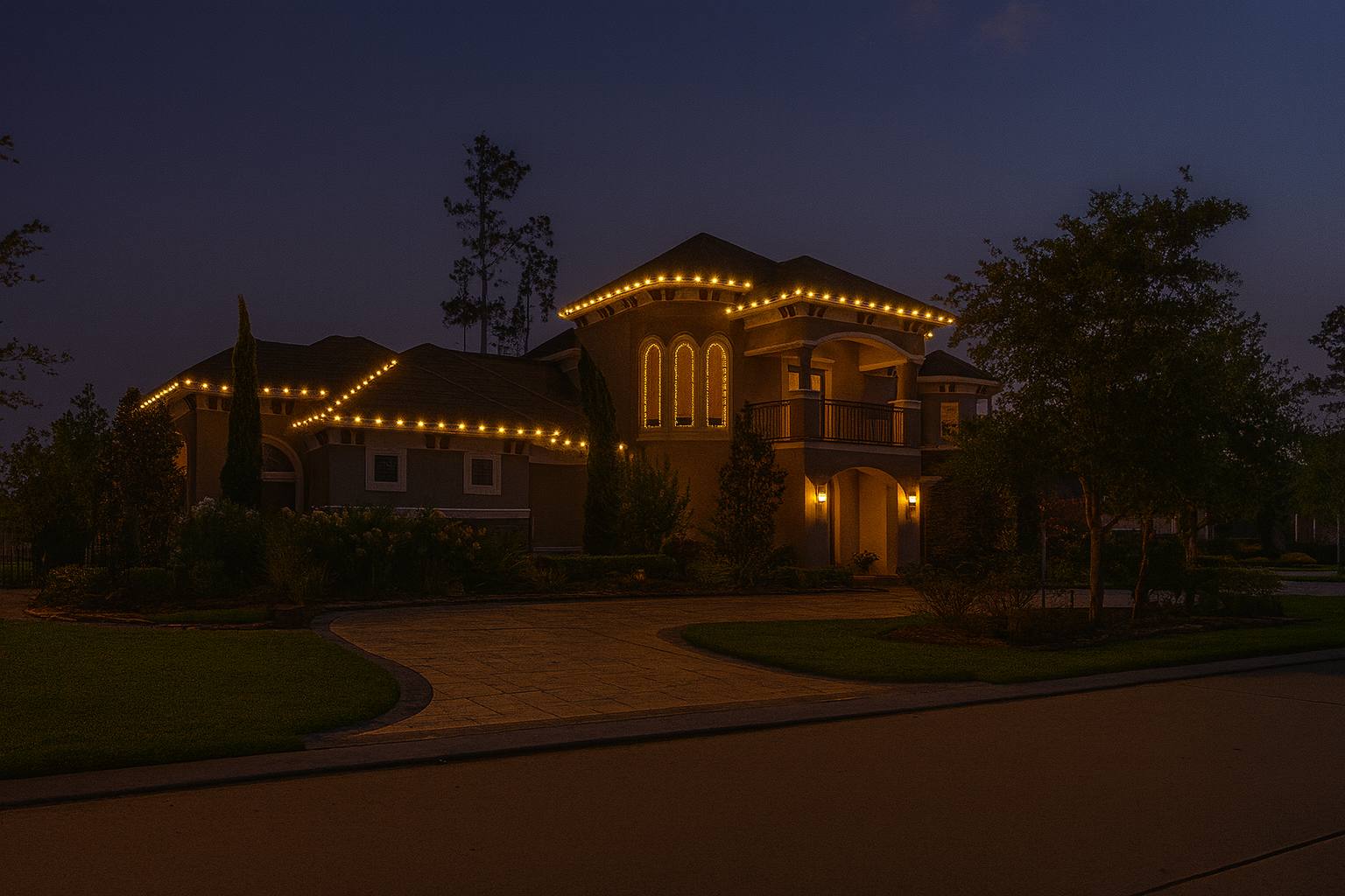 Warm white roofline lighting on an elegant estate home at dusk