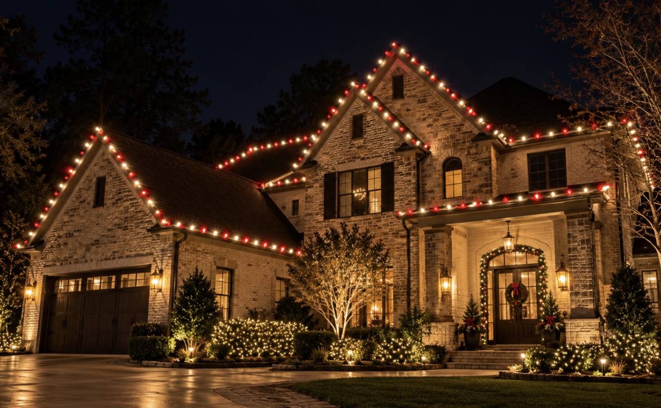 Red and white C9 roofline lighting on a light stone estate home