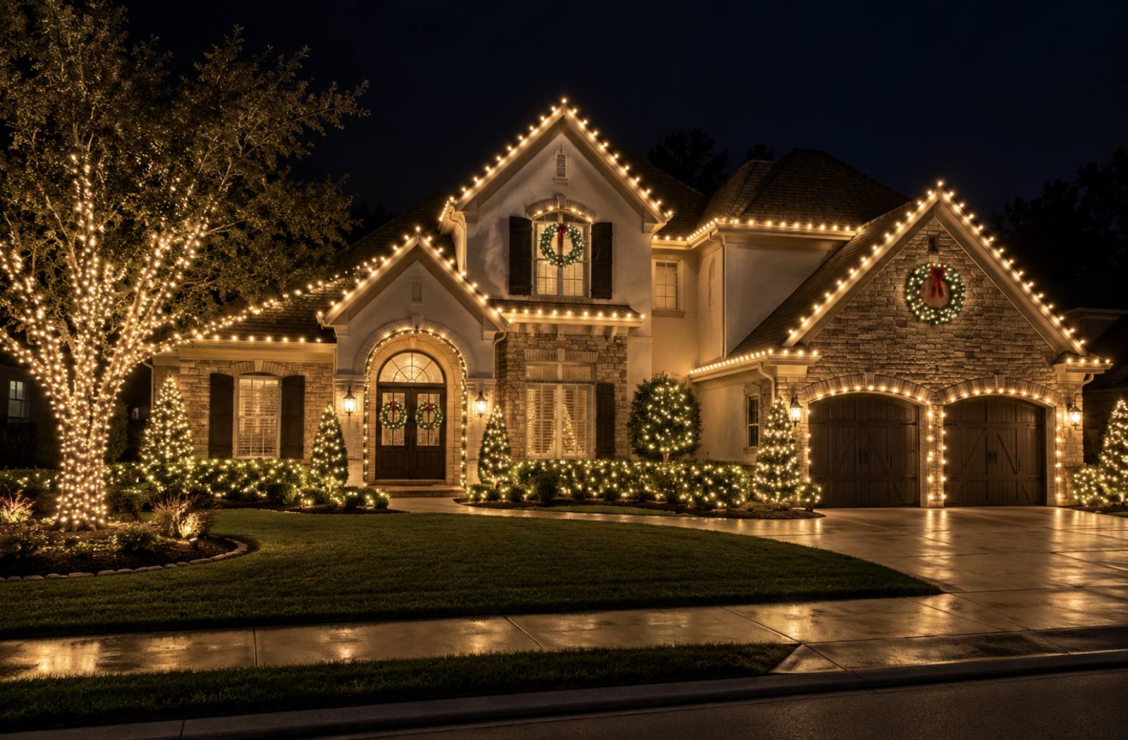 Warm white roofline lighting with lit wreaths on a stone estate home