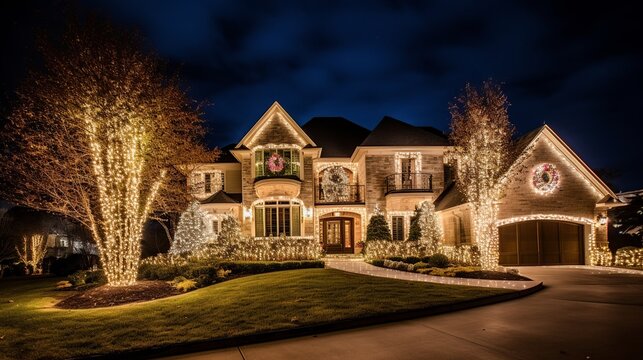 Trees wrapped in warm white lights flanking a home's entrance