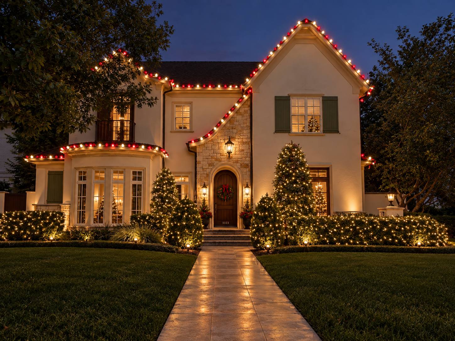 Red and white C9 roofline lighting with a lit entry wreath on a Tudor-style stucco home